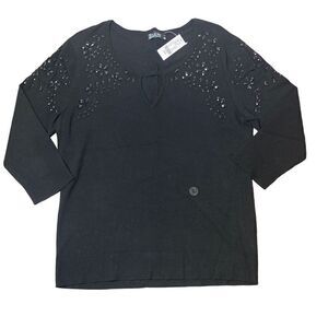NEW New York & Co Black 3/4 Sleeve Keyhole Neck Rhinestone Shirt Size Large